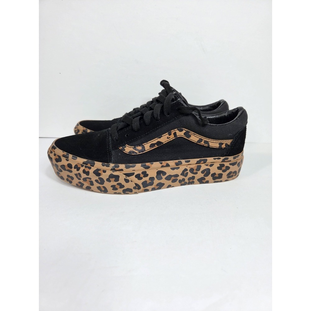 Vans Off The Wall Leopard Print Platform Skate Shoes Black Brown Women's US 7.5